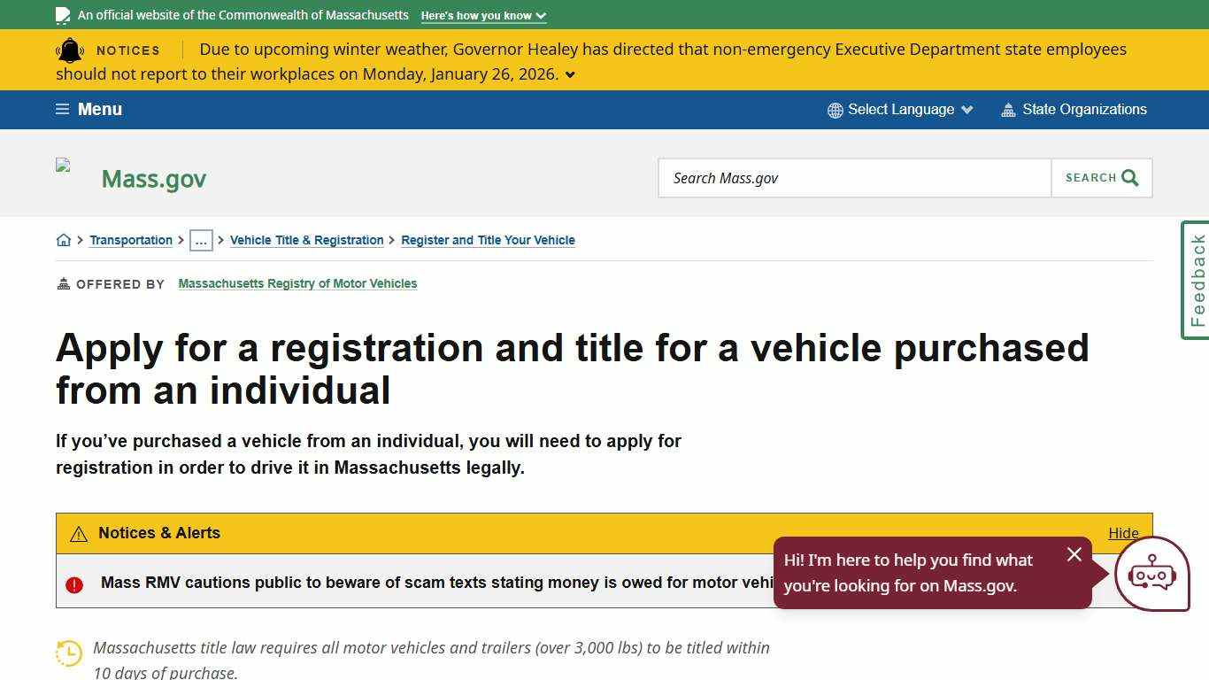 Apply for a registration and title for a vehicle purchased from an individual Mass.gov